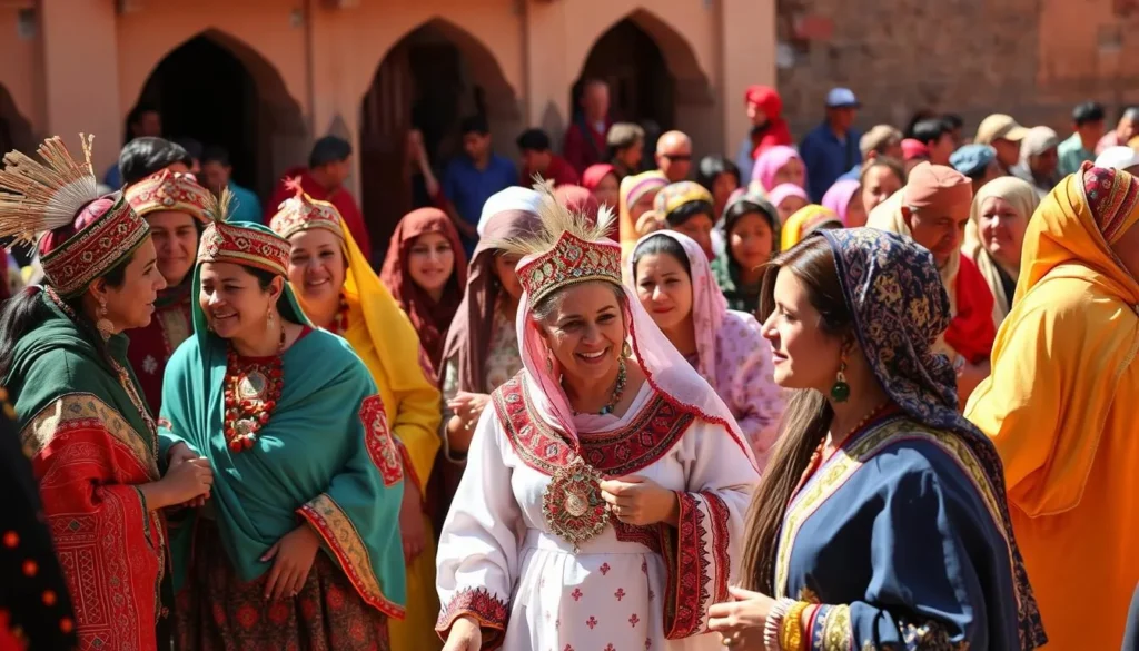 Traditional Berber Marriage Festival in Imilchil with colorfully dressed participants and celebrations