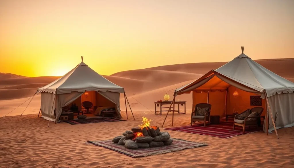 Traditional Berber desert camp with tents set up among the dunes of Iriqui National Park at sunset