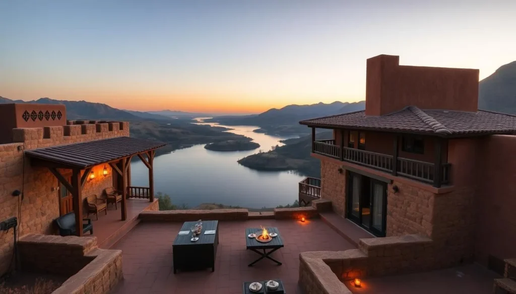 Traditional Berber guesthouse overlooking Lake Ouiouane in Khenifra National Park