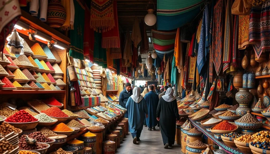 Traditional Berber market (souk) in Ait Melloul with colorful displays of spices and crafts