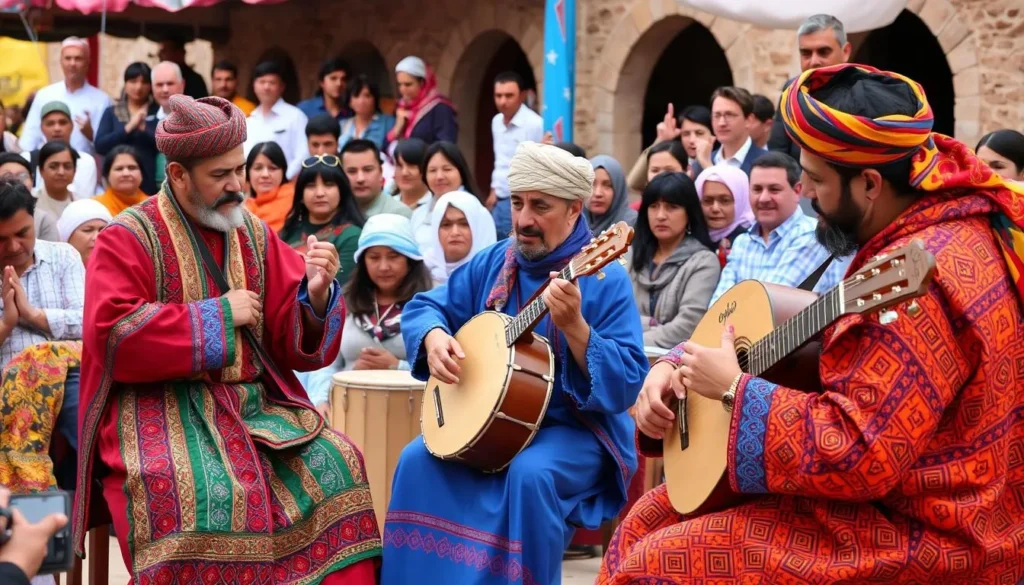 Traditional Berber music performance during a cultural festival in Lqliaa