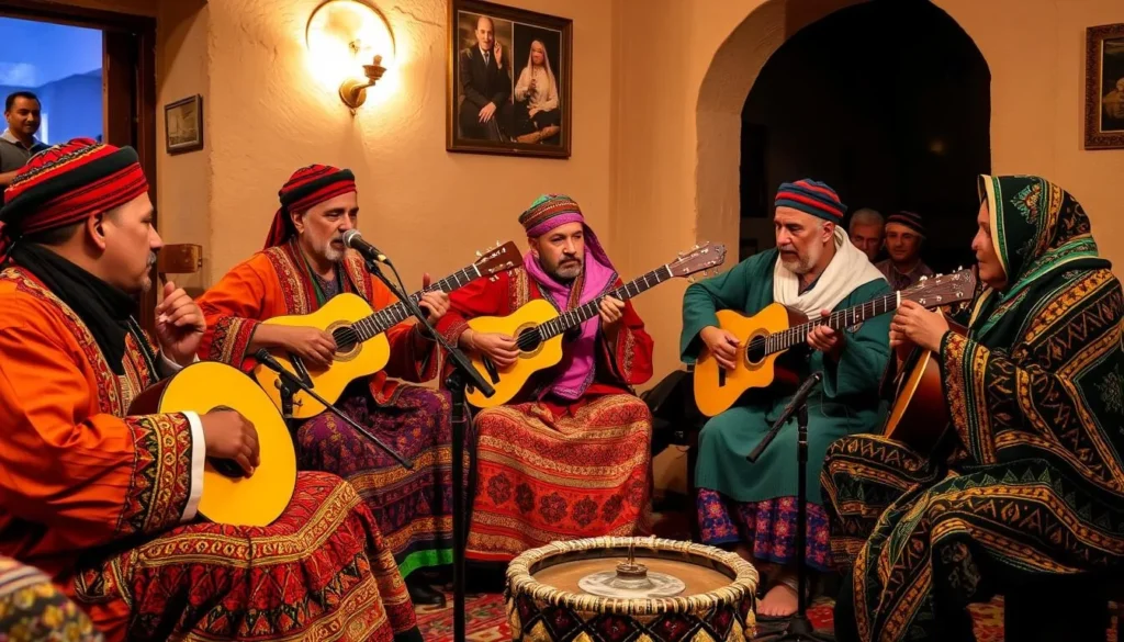 Traditional Berber music performance in Beni Mellal with musicians in colorful attire