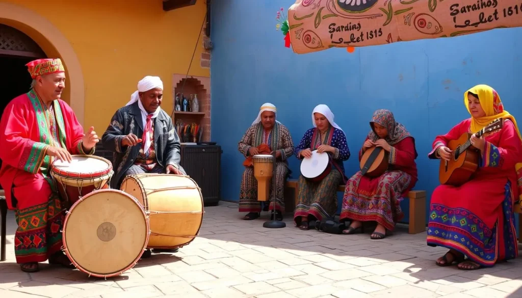 Traditional Berber music performance with drums and string instruments in Errachidia Morocco