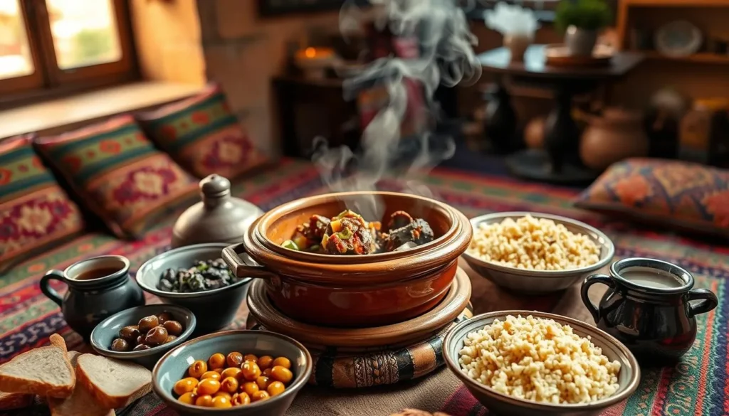 Traditional Berber tagine meal being served in a mountain guesthouse near Haut Atlas Oriental National Park