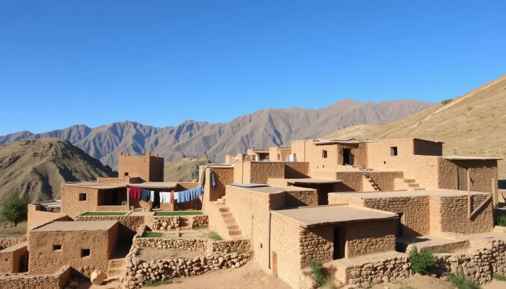 Traditional Berber village near Khenifra National Park with stone houses and mountain backdrop
