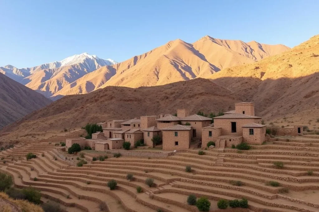 Traditional Berber village nestled in Toubkal valley with terraced agriculture