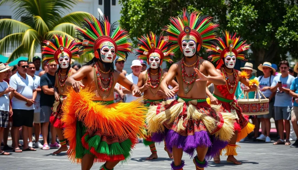 Traditional Bermuda Gombey dancers performing in colorful costumes