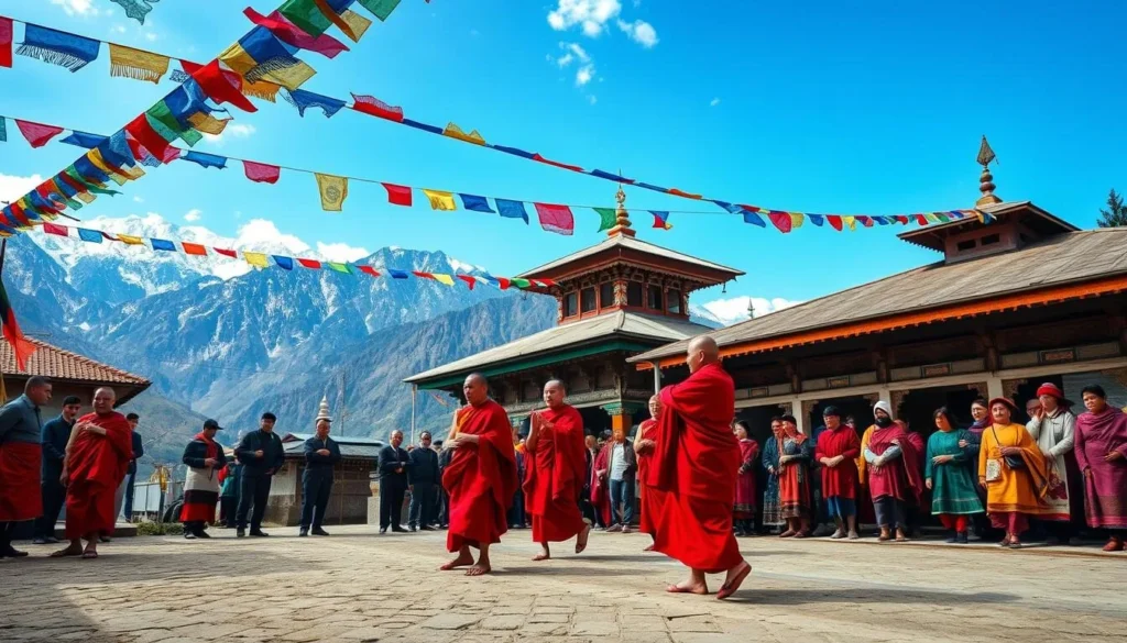 Traditional Bhutanese cultural ceremony in a village near the trekking route to Thorthormi Lake