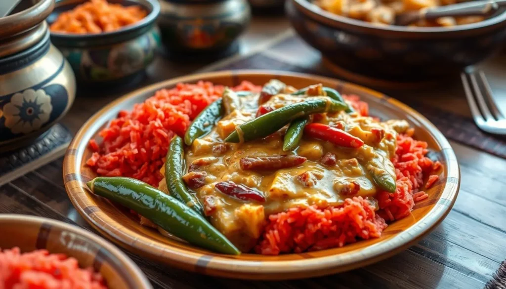 Traditional Bhutanese dish Ema Datshi (chili cheese) with red rice