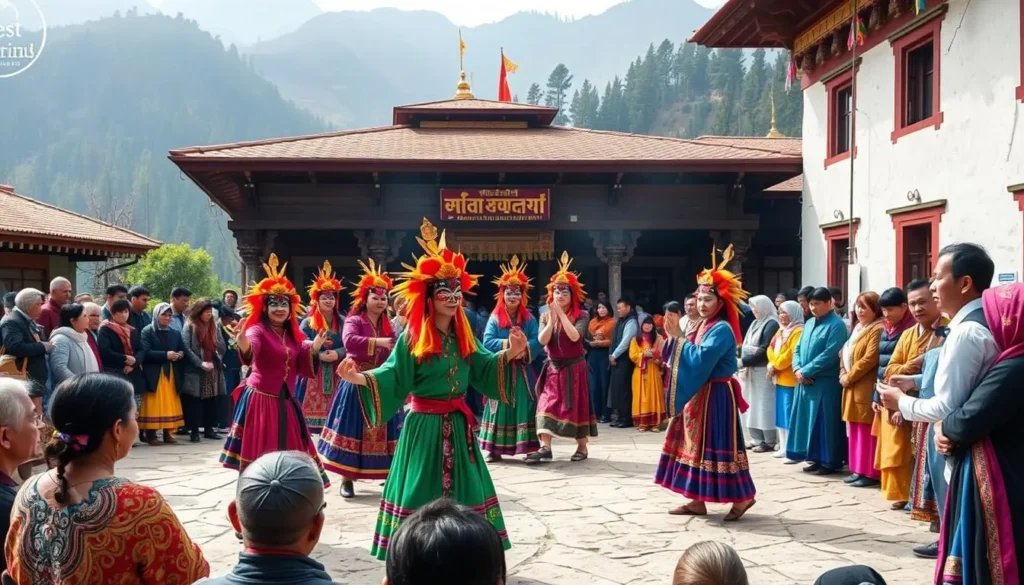Traditional Bhutanese festival with masked dancers near Torsa Strict Nature Reserve