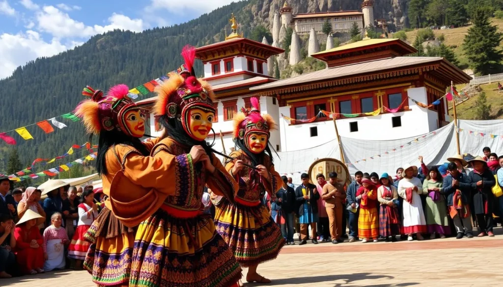 Traditional Bhutanese festival with masked dancers near Wangchuck Centennial National Park