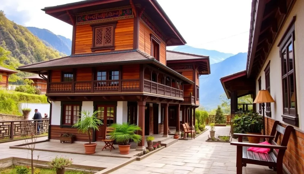 Traditional Bhutanese guesthouse with wooden architecture, colorful decorations, and mountain backdrop