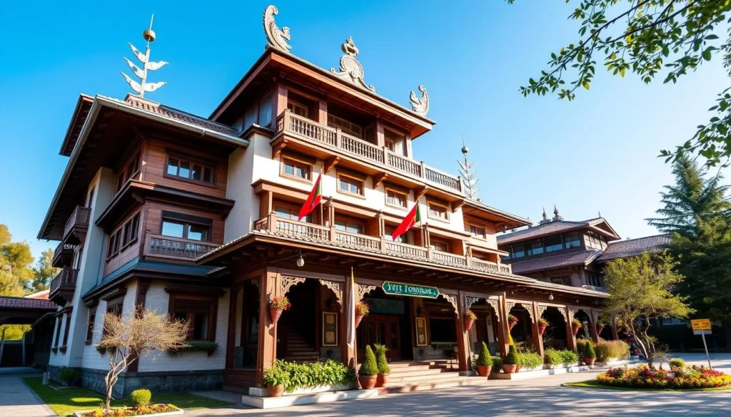 Traditional Bhutanese hotel in Samdrup Jongkhar with ornate wooden architecture and colorful decorations