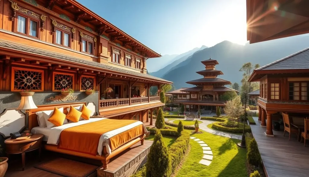 Traditional Bhutanese hotel with mountain views in Punakha region