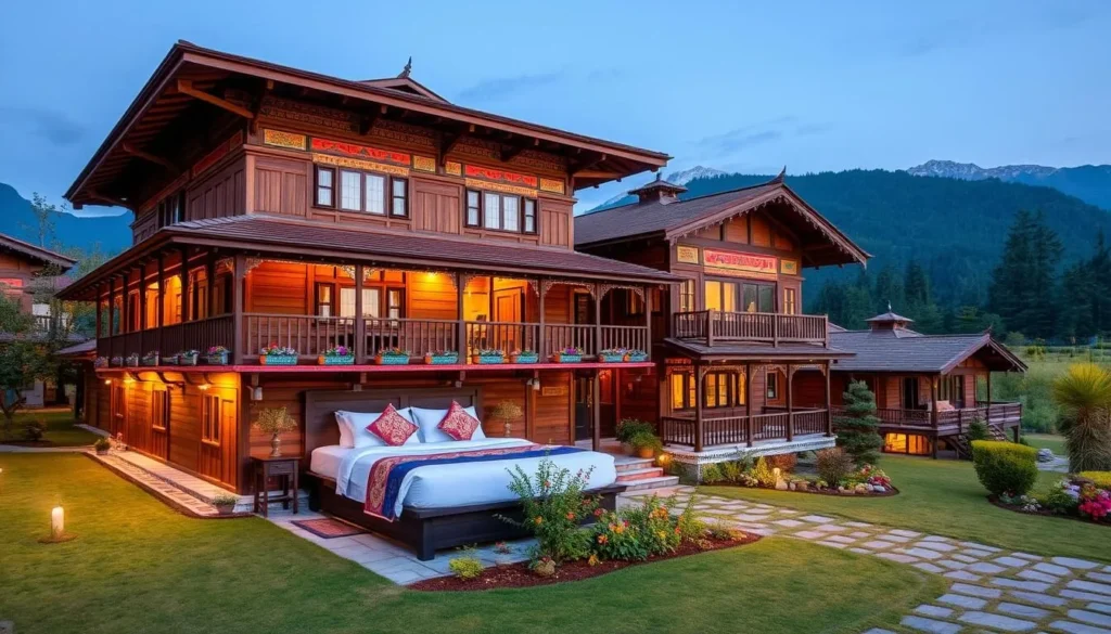 Traditional Bhutanese lodge near Torsa Strict Nature Reserve with mountain backdrop