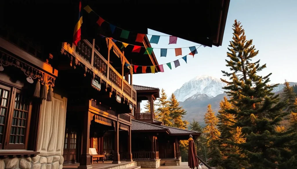Traditional Bhutanese lodge with Kula Kangri mountain view