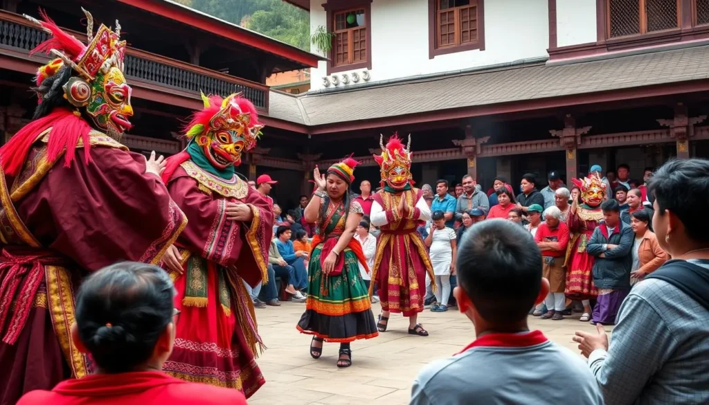 Traditional Bhutanese masked dance performance at a local festival near Punakha