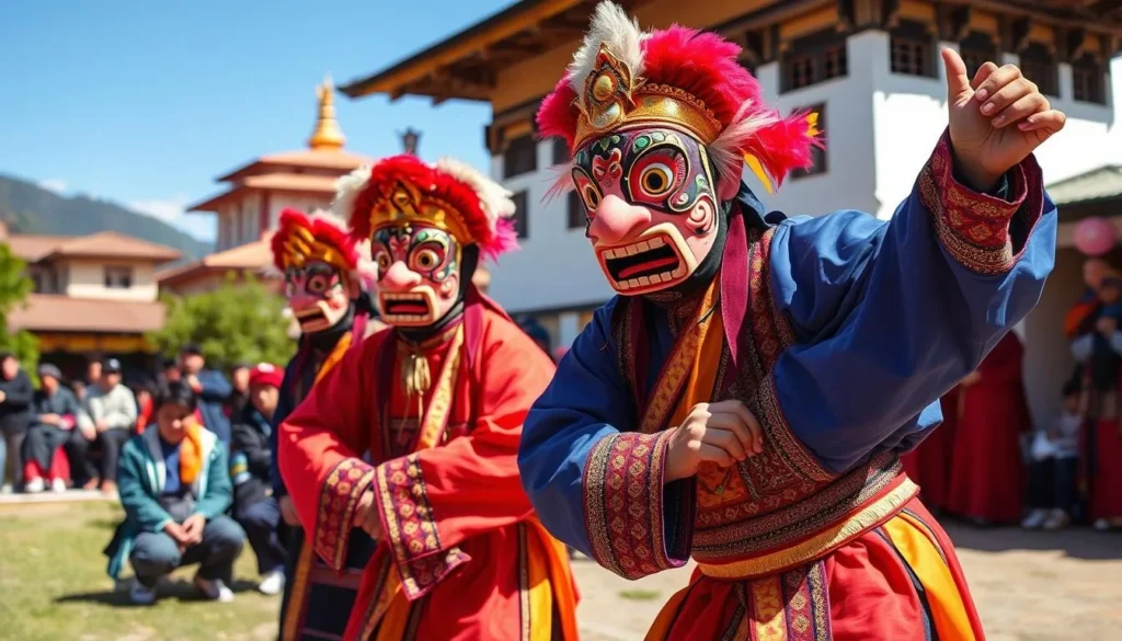 Traditional Bhutanese masked dancers performing at a local Tshechu festival in Samdrup Jongkhar