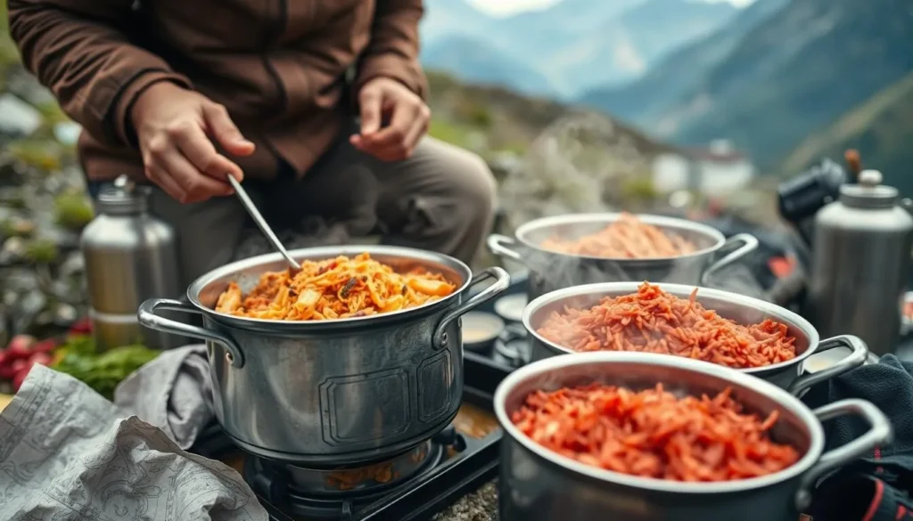 Traditional Bhutanese meal being prepared at a campsite near Jimilang Tsho (Sand Ox Lake)