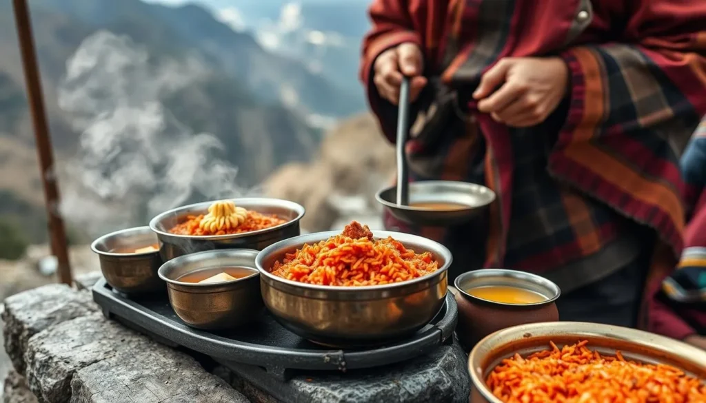 Traditional Bhutanese meal being prepared at a trekking camp near Thorthormi Lake