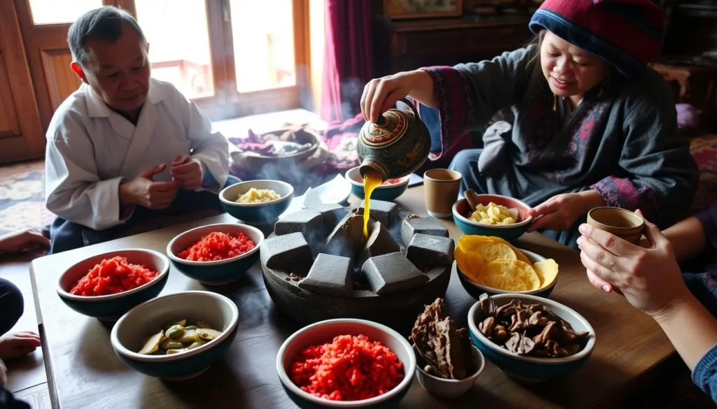 Traditional Bhutanese meal being served in a Brokpa home with butter tea and local dishes