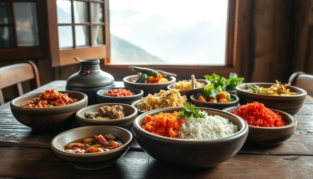 Traditional Bhutanese meal featuring ema datshi (chili cheese) and red rice in Lunana Range