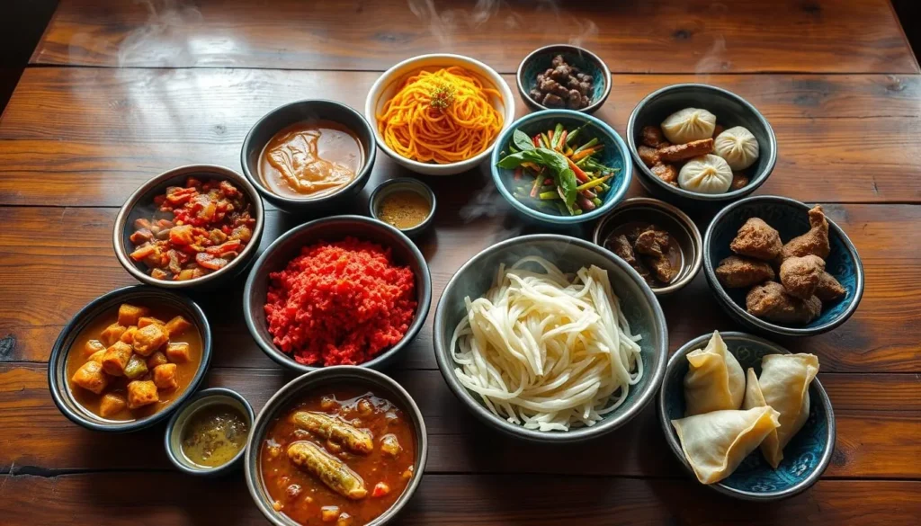 Traditional Bhutanese meal featuring ema datshi (chili cheese), red rice, and other local dishes