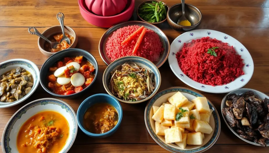 Traditional Bhutanese meal with Ema Datshi and red rice