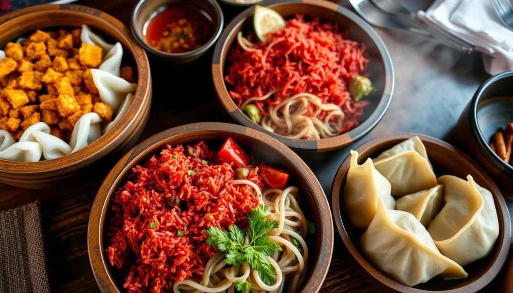Traditional Bhutanese meal with ema datshi and red rice