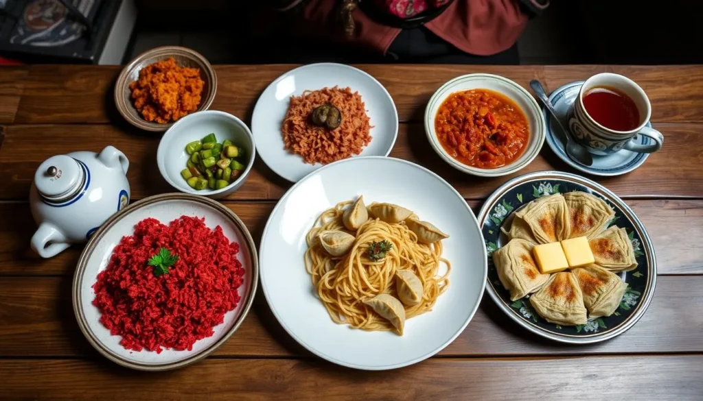 Traditional Bhutanese meal with red rice, ema datshi, and other local dishes