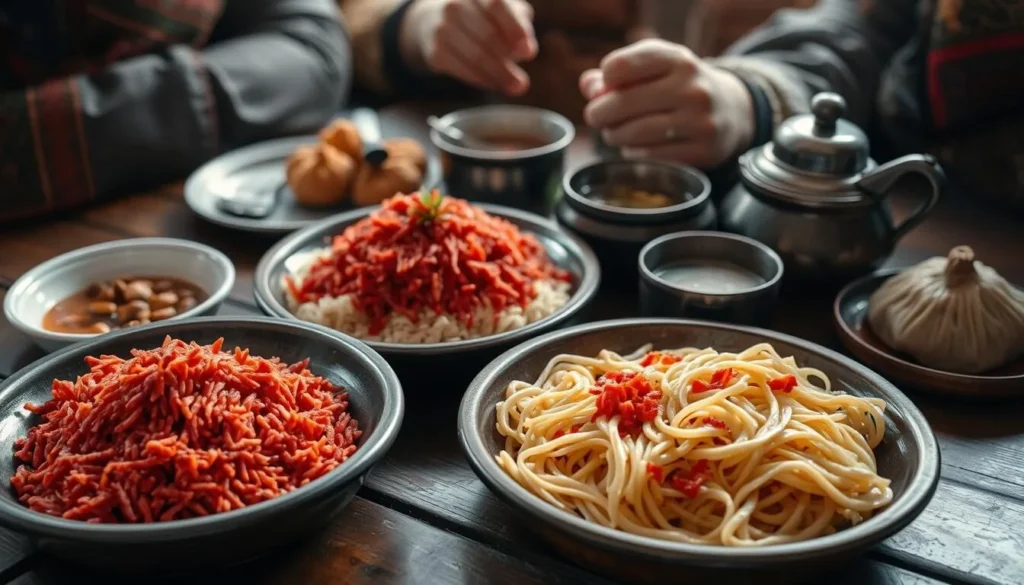 Traditional Bhutanese meal with red rice, ema datshi, and other local dishes