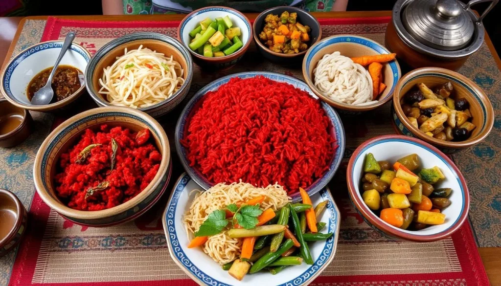 Traditional Bhutanese meal with red rice, ema datshi, and other local dishes