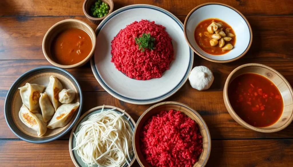 Traditional Bhutanese meal with red rice, ema datshi (chili cheese), and other local dishes served in wooden bowls