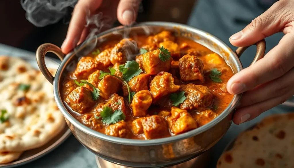 Traditional Birmingham Balti dish being served in a metal bowl Traditional Birmingham Balti dish being served in a metal bowl