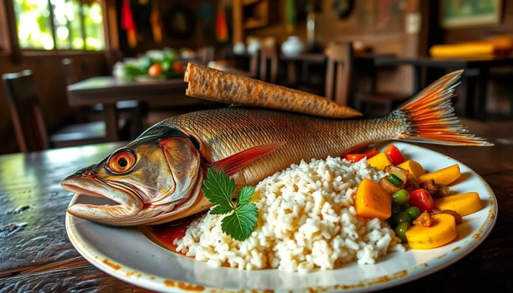 Traditional Bolivian dish with fresh Amazon fish served in a local Rurrenabaque restaurant