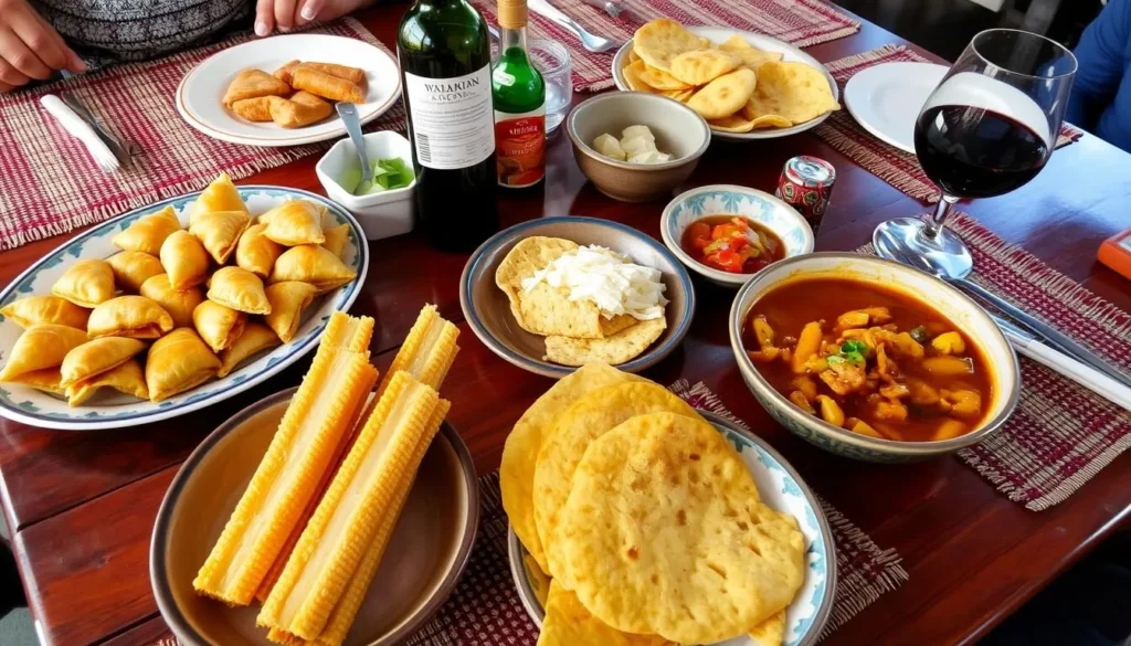 Traditional Bolivian food served at a restaurant in Samaipata including empanadas and yuca sticks