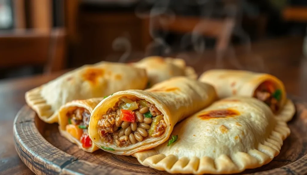 Traditional Bolivian salteñas with colorful fillings on a wooden plate in a Sucre restaurant