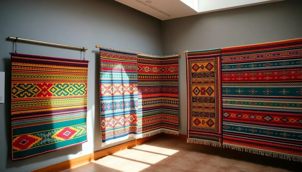 Traditional Bolivian textiles with intricate patterns displayed at the Museum of Indigenous Art in Sucre