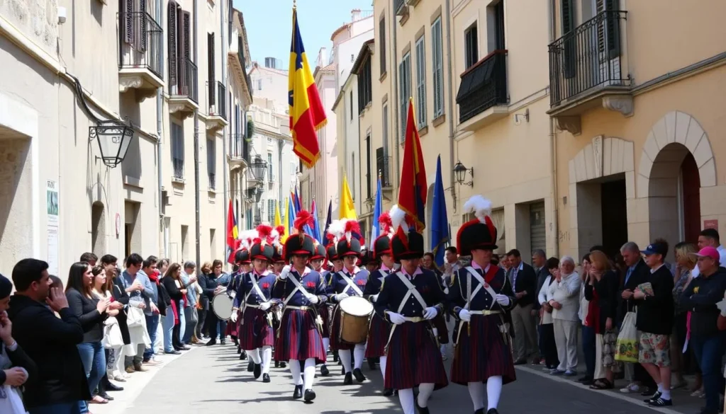Traditional Bravade festival procession through the streets of Saint-Tropez Traditional Bravade festival procession through the streets of Saint-Tropez