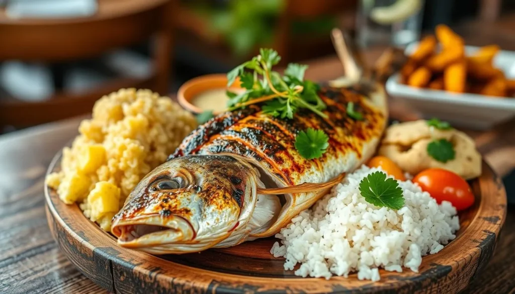Traditional Brazilian dish of grilled pintado fish with local sides served in Bonito restaurant