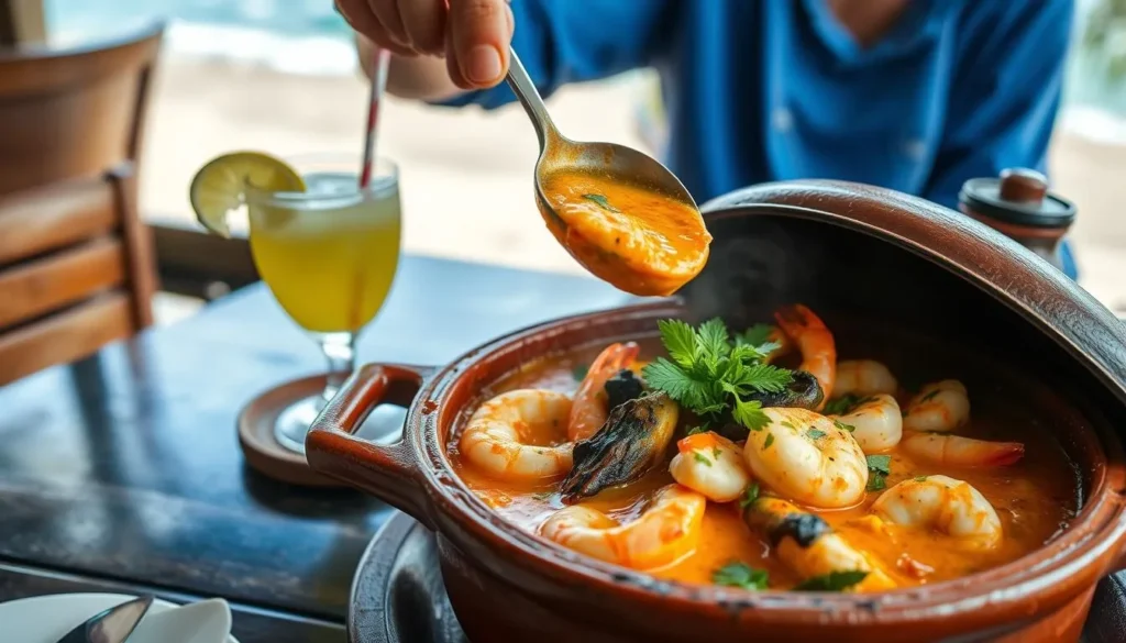 Traditional Brazilian seafood dish moqueca being served at a beachfront restaurant in Porto de Galinhas