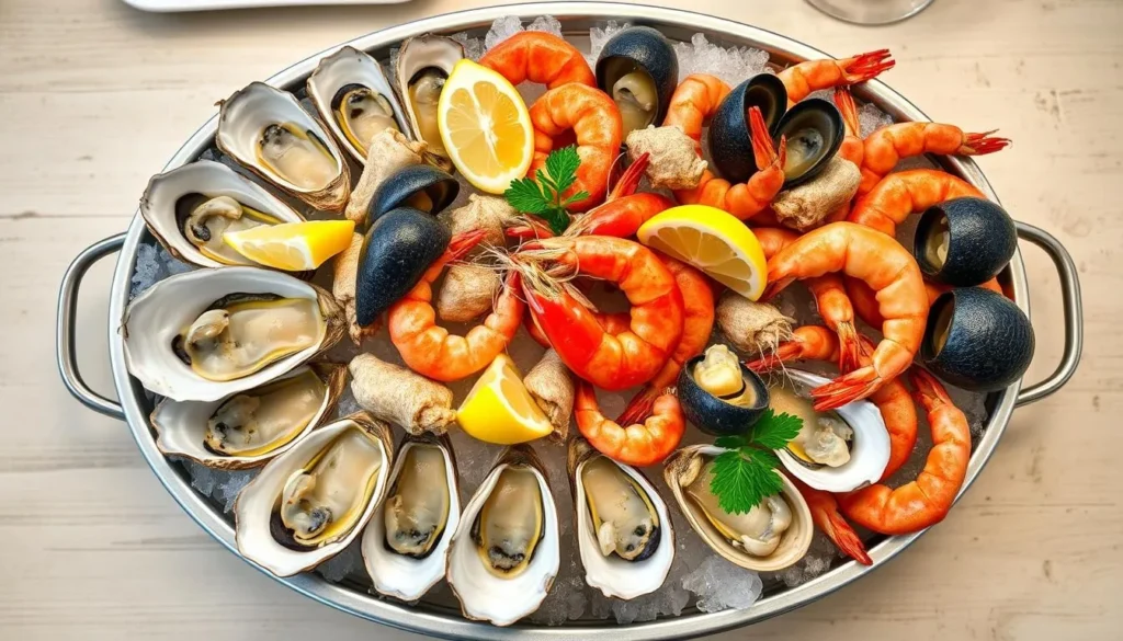 Traditional Breton seafood platter with oysters, langoustines, and other shellfish Traditional Breton seafood platter with oysters, langoustines, and other shellfish