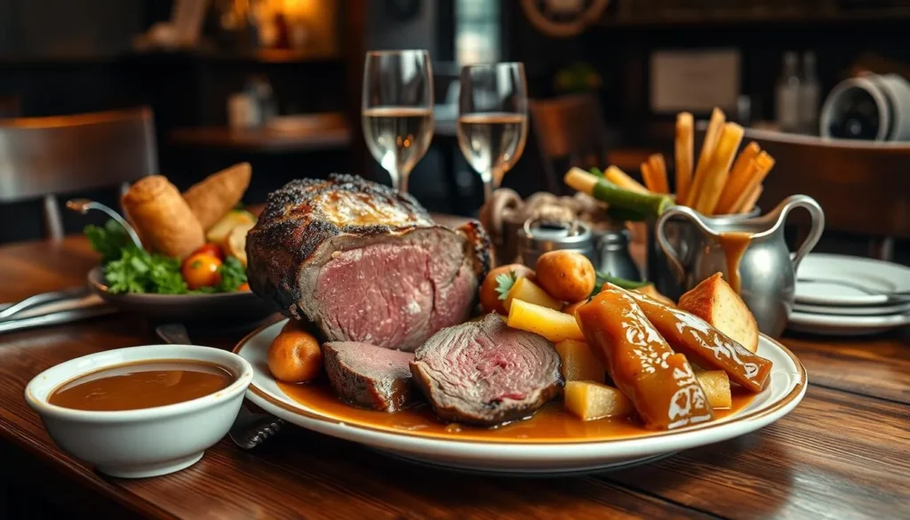 Traditional British Sunday roast with Yorkshire pudding and vegetables