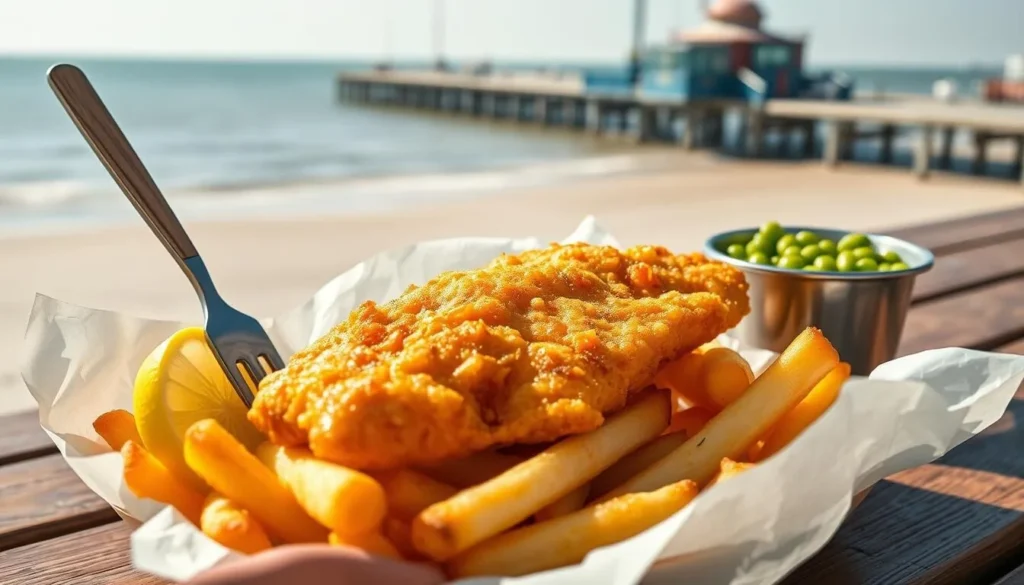 Traditional British fish and chips served in newspaper with sea view in Blackpool
