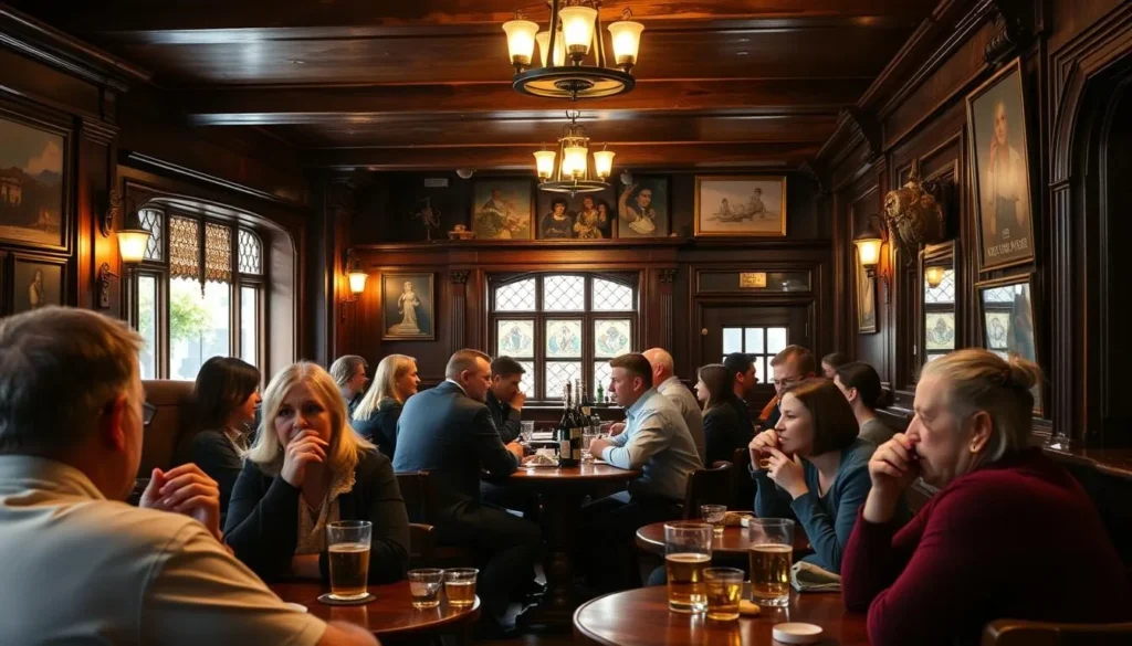 Traditional British pub with locals and tourists enjoying drinks