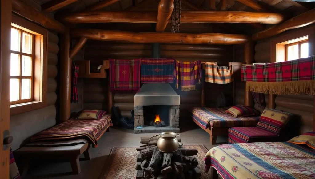 Traditional Brokpa homestay interior in Merak village with wooden architecture and local decorations