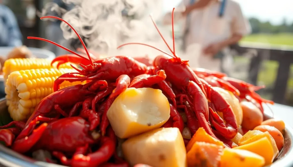 Traditional Cajun crawfish boil with corn and potatoes, a popular dish in Beaumont