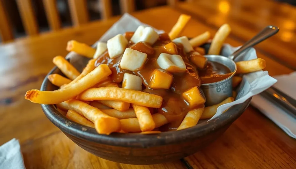Traditional Canadian poutine with cheese curds and gravy in a restaurant setting