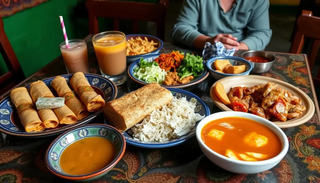 Traditional Chiapas cuisine with colorful dishes including tamales and pozol