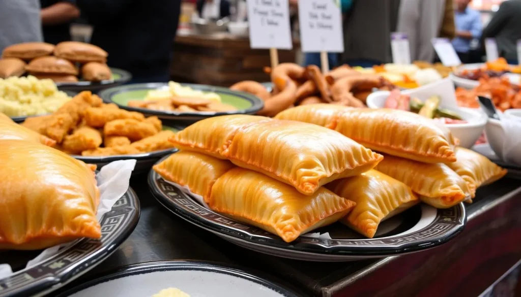Traditional Chilean empanadas and other local dishes at Mercado Central in Santiago Chile